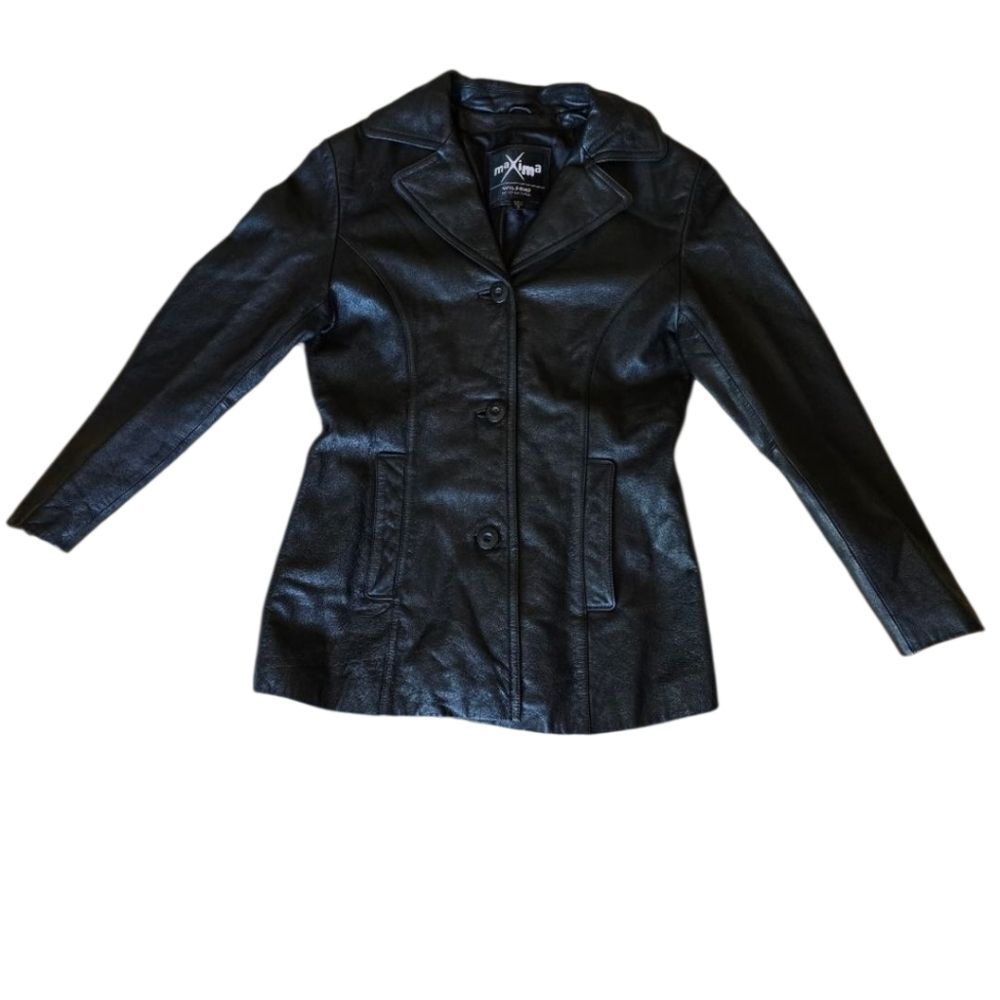 Maxima WILSON Womens Black Leather Jacket Classic Blazer‎ Style Small 90s Gothic